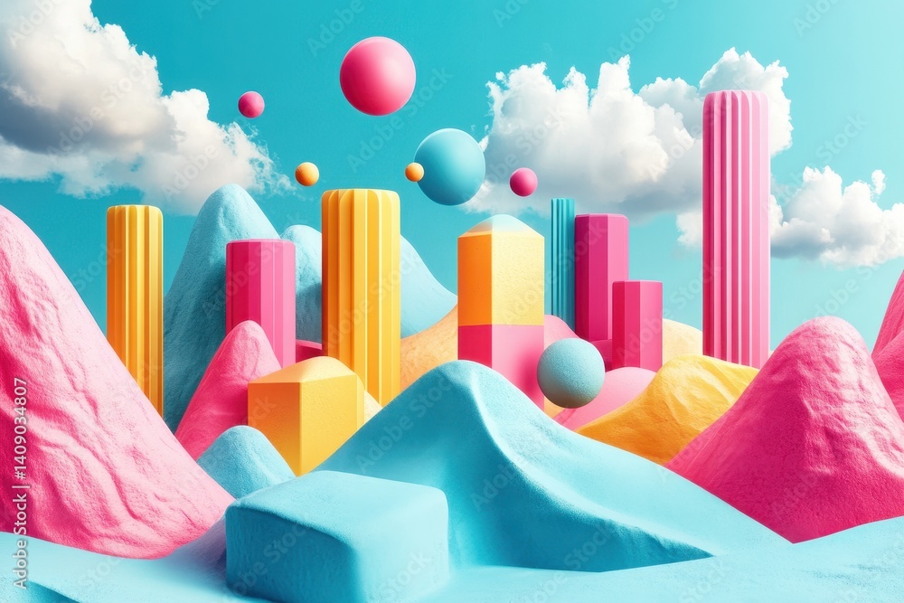 Poster pastel geometric shapes form a landscape under a cloudy sky. great for adding a fun and playful elem
