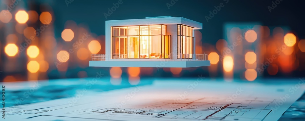 Poster Building house on blueprint with vignetting and construction concept. Modern architectural model showcasing innovative design concepts.