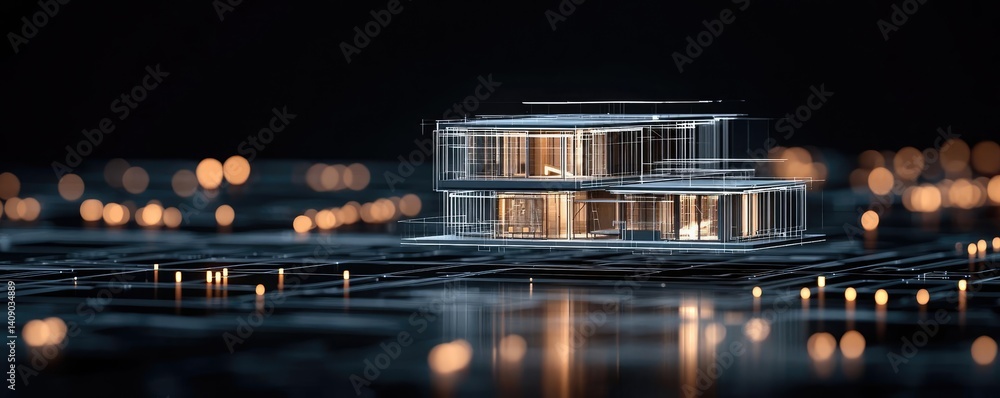 Poster Building house on blueprint under plan and architecture concept. Futuristic data visualization with transparent discs and lights.