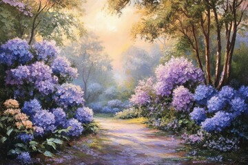 Soft colors of hydrangeas in a peaceful park during a spring evening, hydrangeas in a spring evening park