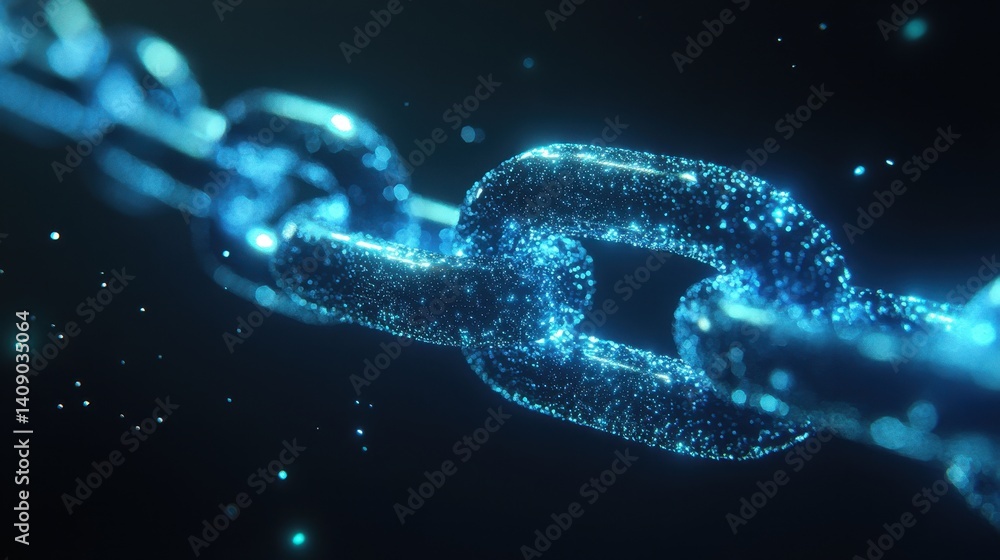 Poster glowing blue chain links are connected on a dark backdrop with light dust. this image represents dig
