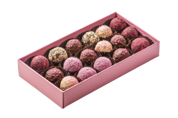 Delicious assortment of chocolate truffles with pink and red decorations placed on white background