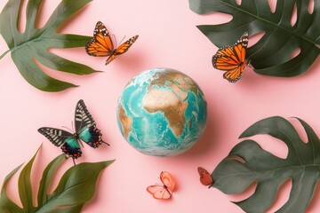 A globe surrounded by tropical leaves and butterflies, showcasing global ecology.