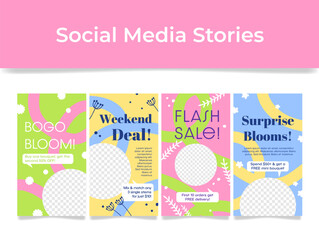 Creative social media story templates designed for a flower shop promoting special offers and promotions to attract new customers.