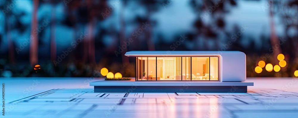 Poster Building house on blueprint with a focus on architecture and vignetting concept. A modern architectural model illuminated at dusk, showcasing design.