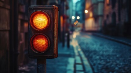 A traffic light displaying a red signal on a quiet, cobblestone street at dusk.