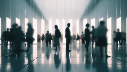 Silhouetted Figures in a Modern, Bright Hallway A Study in Anonymous Crowds