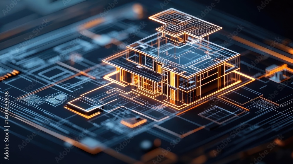 Poster Building house on blueprint with vignetting and construction concept. 3D architectural blueprint of a modern house with glowing lines.