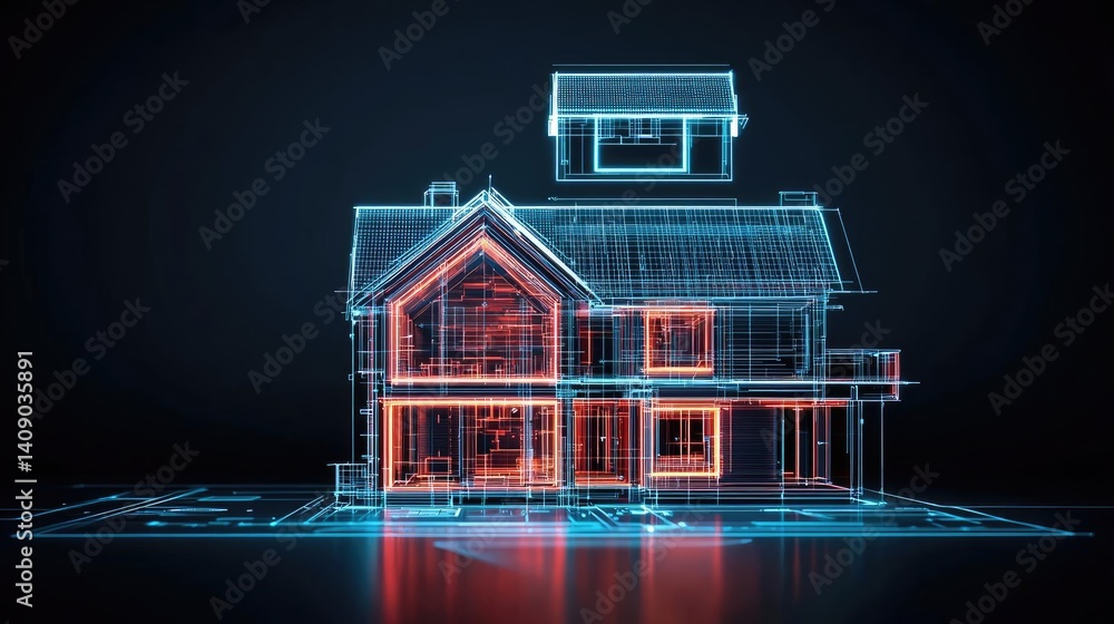 Aufkleber Building house on blueprint with vignetting and construction concept. 3D digital blueprint of a modern house in neon colors.