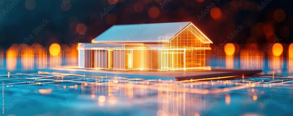 Poster Building house on blueprint with a focus on architecture and vignetting concept. A modern architectural model illuminated at night with vibrant lights.
