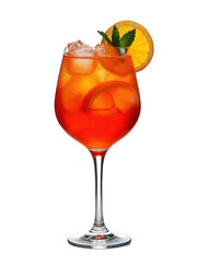 A cocktail in a tall glass with ice cubes orange slices and a mint leaf against a black background isolated over png transparent background