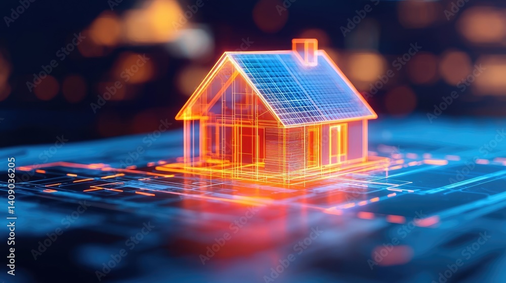 Poster Building house on blueprint under plan and architecture concept. Futuristic house design with solar panels on a digital backdrop.