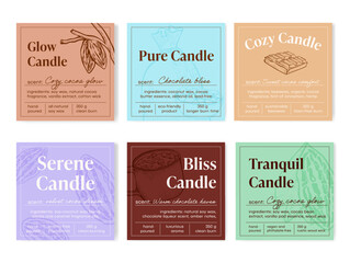 Labels for a variety of scented candles including chocolate, cozy, and bliss scents with ingredient details and burn times