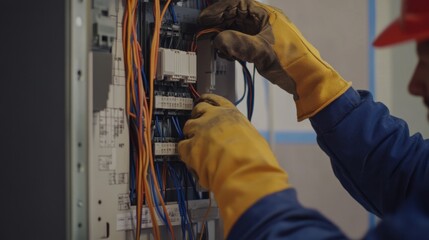 Electrician installing wiring inside a commercial building. Featuring skill and safety