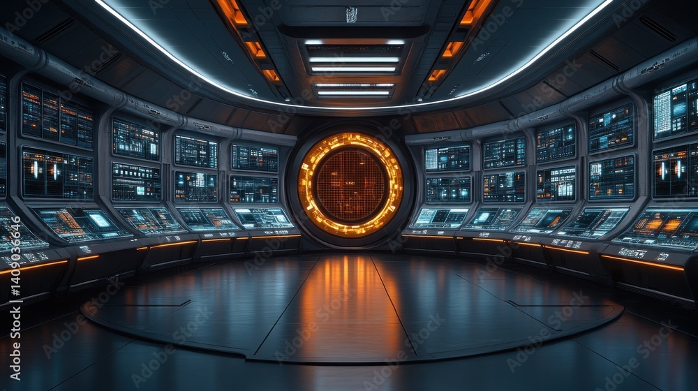 Poster futuristic spaceship bridge: a 3d render of a sci-fi control room