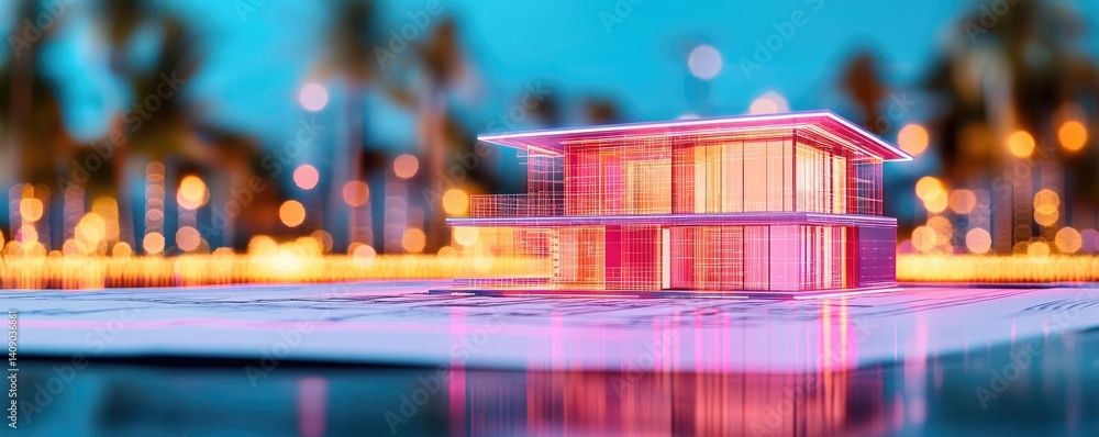 Aufkleber Building house on blueprint with a focus on architecture and vignetting concept. A modern architectural model illuminated at dusk by city lights.