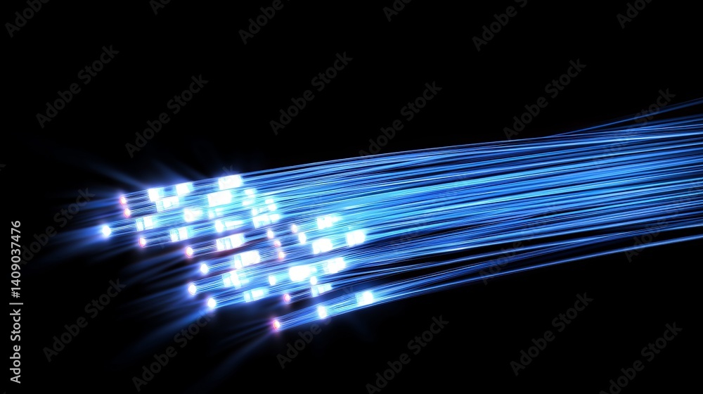 Poster abstract blue fiber optics light stream data network technology fast wave flow speed lines wires