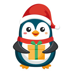 Cute penguin holding a gift box. Animal character gives a present