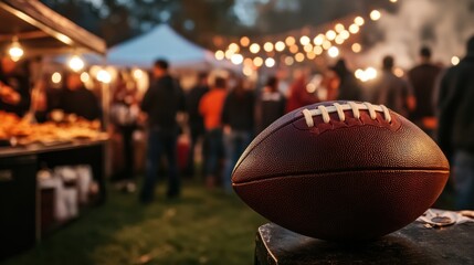 A football rests in the foreground of a lively outdoor gathering with food and lights.