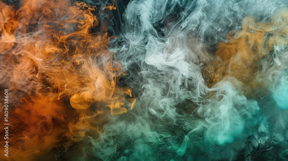 Poster the close up abstract picture of the green and orange smoke colour that is mixing with each other, m