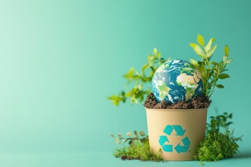 Recycled Earth model nestled in a compostable container, symbolizing environmental sustainability.
