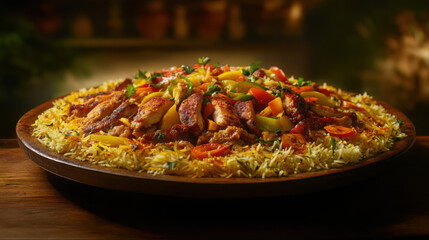 A well-composed studio photo of a large biryani platter, filled with golden rice, spiced chicken slices