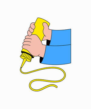 Vector hand drawn illustration of two hands in blue sleeves squeezing a yellow mustard bottle, with mustard forming a curvy line