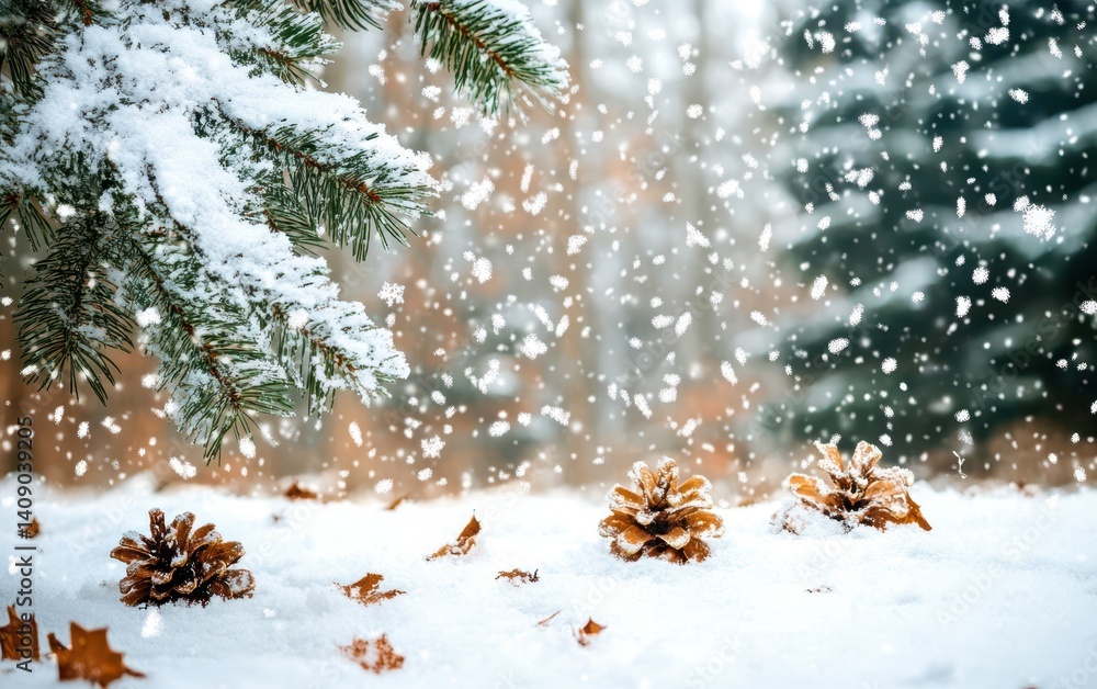 Poster pine cones and branches rest on a blanket of snow, creating a serene winter scene.