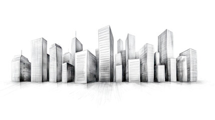 Pencil sketch depicting modern city skyline on white background