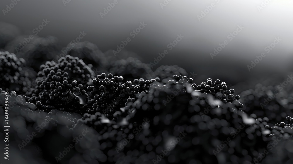 Poster abstract of black circle shape ball with droplet style design connect by pale color bond. sphere bub