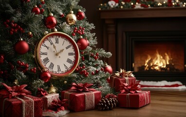 A festive Christmas tree adorned with presents and a clock near a cozy fireplace.