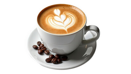 Fototapeta premium A cup of latte with latte art on a white saucer with coffee beans on a black background studio shot isolated over png transparent background