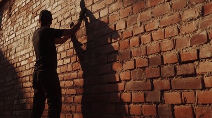Mason applying mortar between bricks for wall construction. Featuring skill and craftsmanship