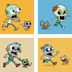 Cartoon Zombies Running With Zombie Cats In A Fun Colorful Vector Design