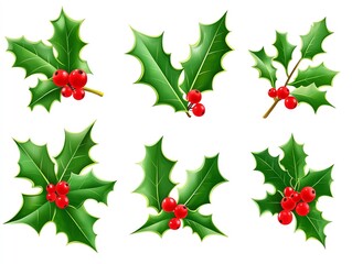 Fototapeta premium Vibrant green holly leaves with bright red berries create a festive Christmas feel. Perfect for holiday cards, invitations, and festive designs.