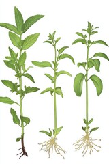 Illustration showing different parts of Stevia rebaudiana, including leaves and roots in a detailed format