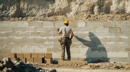 Mason building a brick wall at a construction site. Featuring skill and craftsmanship