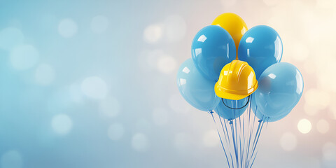 Blue Balloons with Yellow Construction Helmet on Light Blue Bokeh Background
