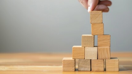 Indoor scene of manager planning in office for business using wood block puzzle to simulate. Thinking room with peaceful atmosphere for management strategy. Workplace for commercial governance. AIG53.
