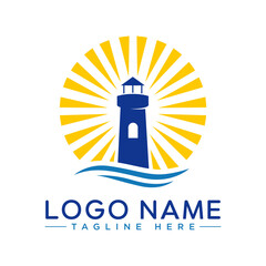 Lighthouse logo template. Building of lighthouse logo vector. Lighthouse and wave vector