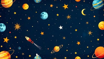 Naklejka premium Whimsical outer space design with planets, stars, and rocket illustration