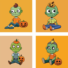 Cute Cartoon Zombie Characters With Pumpkins Set For Halloween Illustration