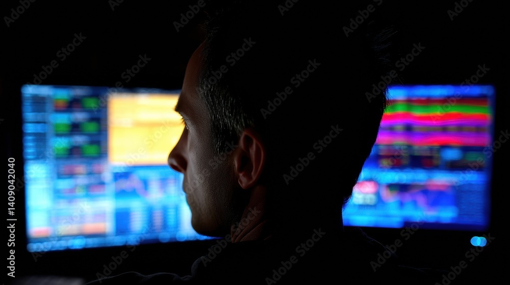 Poster professional analyzing data on multiple screens at night.