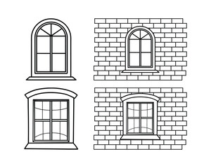 Vector illustration of classic arched windows with detailed brick wall backgrounds. Minimalist linear design in black on white, perfect for architectural or construction themes.