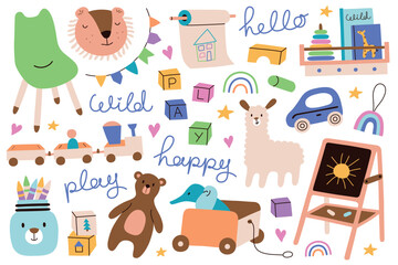 Fototapeta premium Cute collection of kids room toys, furniture, and accessories. Modern nursery decor with teddy bear, children books, drawing easel, cars, toy blocks, and creative elements. Flat cartoon doddles set