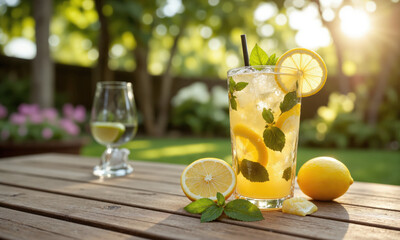 Fototapeta premium Refreshing Lemonade, Summer Drink, Fresh Citrus A tall glass of freshly made lemonade with ice cubes, lemon slices, and mint leaves, set