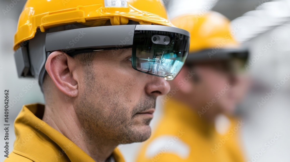 Poster worker with augmented reality helmet in industrial setting