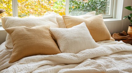 Natural linen pillows and bedding, featuring a warm color palette.