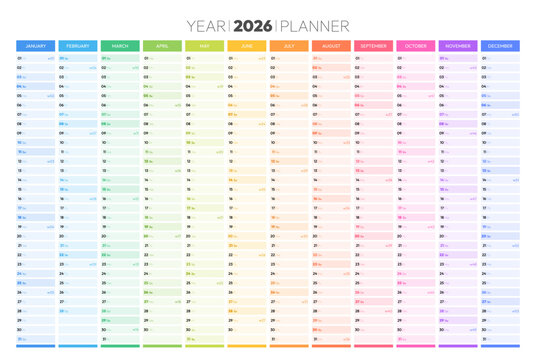 2026 year annual planner with space for personal notes. Colorful schedule page journal, stationery calendar, organizer, planner template with monthly and daily agenda vector illustration