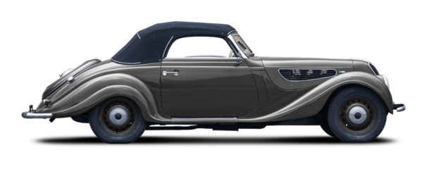 Classic European retro car in gray. With a convertible body and a soft top in black.